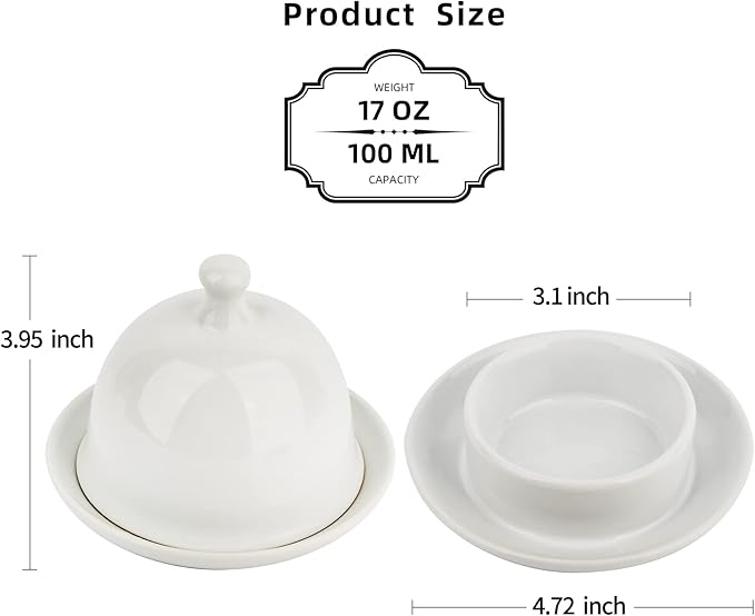 Ceramic Small Butter Dish with Lid, 17 OZ Mini Butter Container, 2-Way Freshness, Pure White