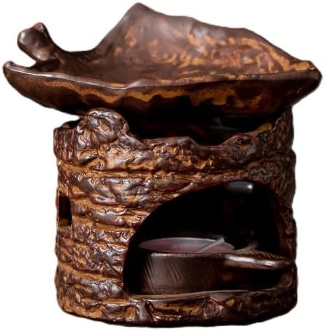 Traditional Chinese Ceramic Incense Burner and Tea Warmer, Brown Stone-Like Finish, 3.94x3.15x3.35 Inches, Multi-Purpose Design with Tea Roasting and Aromatherapy Functions (Maple Leaf Style Stove)