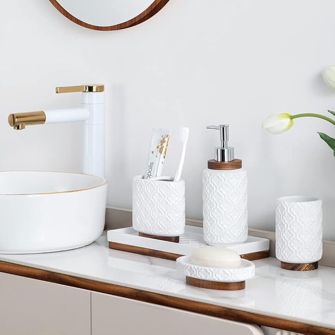 Elegant 6 PCS Ceramic&Wood Bathroom Accessories Set:Soap Dispenser,Toothbrush Holder,Tumbler,Soap Dish,Tray,Trash Can,Easy to Clean,Quatrefoil Pattern,White-Affordable Home Luxury