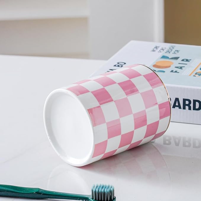 Ceramic Toothbrush Holder Toothpaste Holders, Cute Bathroom Tumbler Cups Reusable,Checkered Bathroom Counter Decor Organizer, Makeup Brush Holder,Pen Holder (Pink)