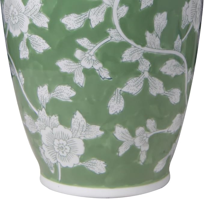 Spring Floral Ceramic Vase, Green and White Chinoiserie Vase with Hand-Painted Peony Design, 14 Inch Tall Decorative Vase for Home Decor, Table Centerpiece