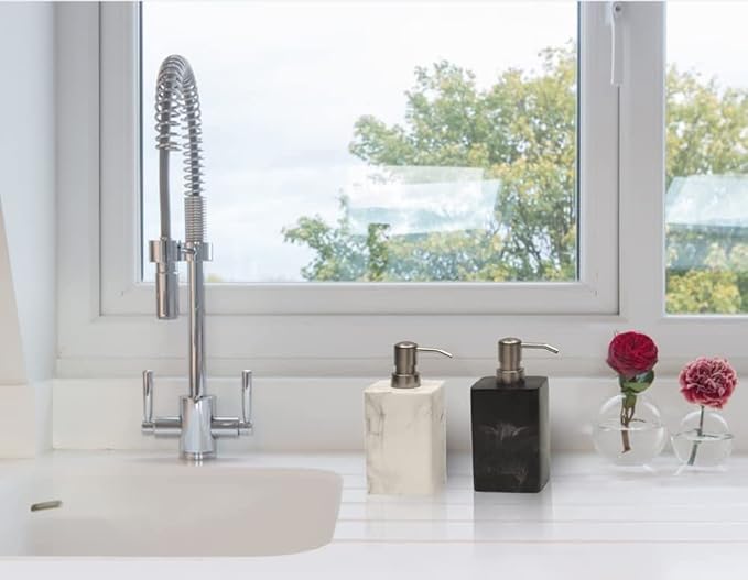 2pcs Hand Soap and Lotion Dispenser Sets for Bathroom Countertop,Black Marble Texture Resin Stone Liqiud Dish Soap Dispenser for Kitchen Sink,Refillable-15 Oz/445ml