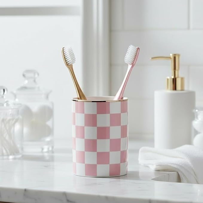 Ceramic Toothbrush Holder Toothpaste Holders, Cute Bathroom Tumbler Cups Reusable,Checkered Bathroom Counter Decor Organizer, Makeup Brush Holder,Pen Holder (Pink)