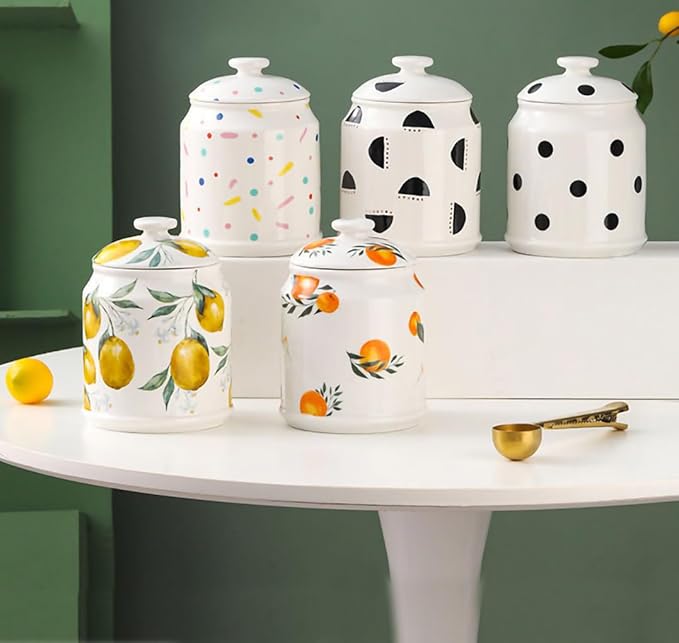 WAIT FLY Ceramic Tea Caddy Tea Canister Large Capacity Food Storage Jar Container for Tea, Coffee, Herb, Sugar, Spice, Nuts-Color Dots-33 OZ