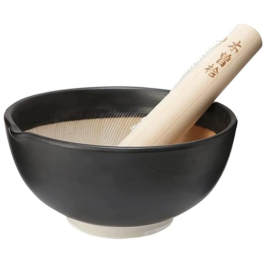 TIKUSAN Ceramic Ripple Ridge Mortar & Pestle (Suribachi & Surikogi) Set with Spout Made in Japan Mino Ware (Medium Black)