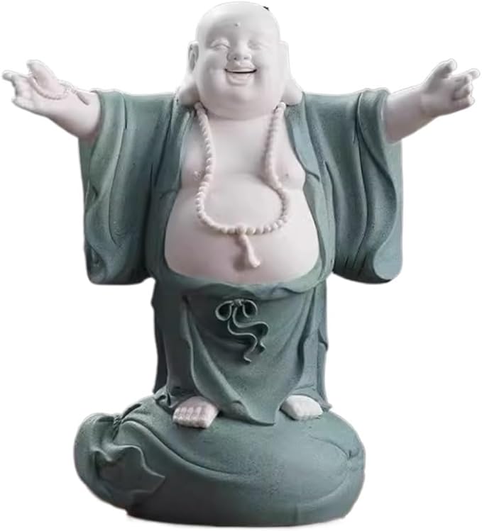 RUVOO Buddha Statue Outdoor, 12.2inch Buddha Statue Ceramics Sculptures Big Belly Happy Laughing Buddha for Home Office Desktop Decor Zen Garden Decor(A)