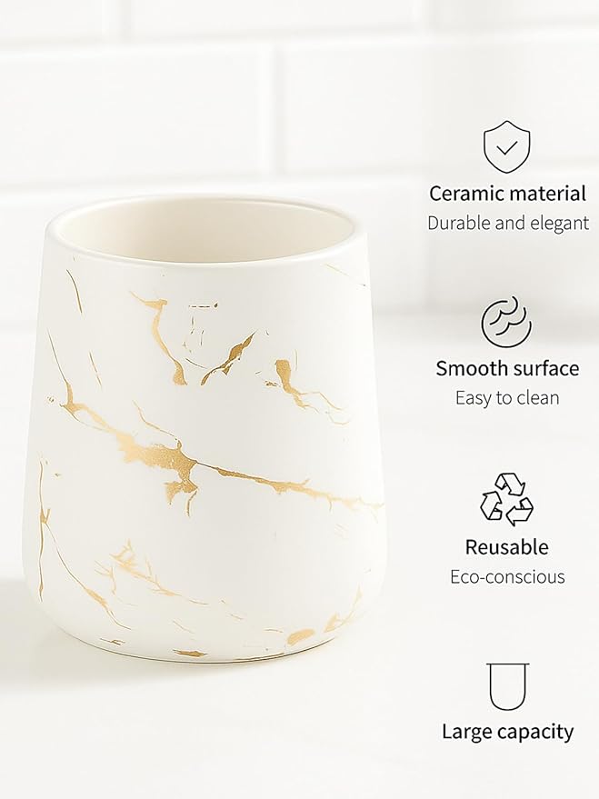 Marble Ceramic Toothbrush Holder Cup – 14.2oz Bathroom Tumbler for Toothbrushes, Makeup Brushes, or Rinsing, White with Gold Veins