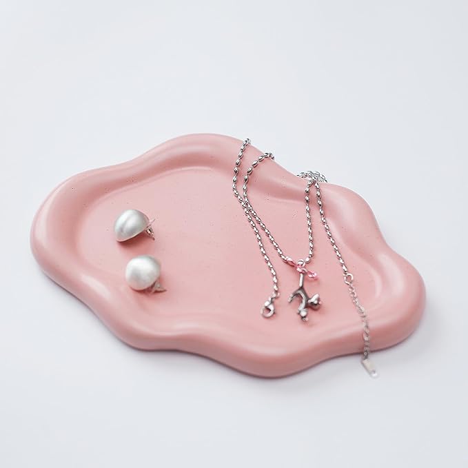 Jewelry Dish Trinket Tray for Women, Ring Dish Holder, Unique Cloud Shape Ceramic Plate Cute Things Vanity Aesthetic Room Decor Mother's Day Birthday (Pink)