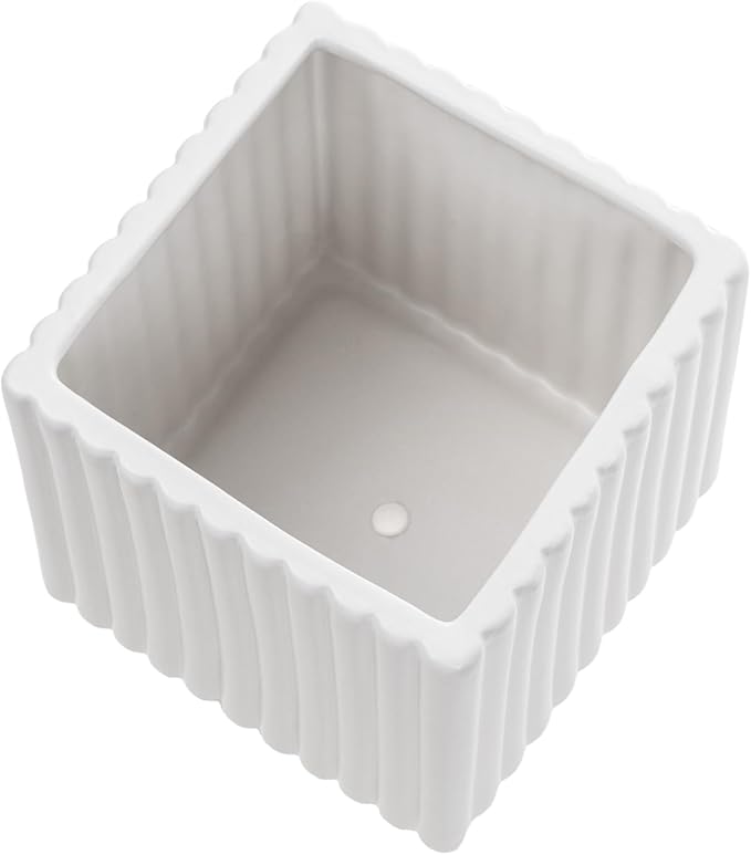 MyGift 6.3 Inch Square Vintage White Ceramic Succulent Planter Pot with Vertical Ribbed Design, Indoor Mini Flower Plant Pots, Set of 2