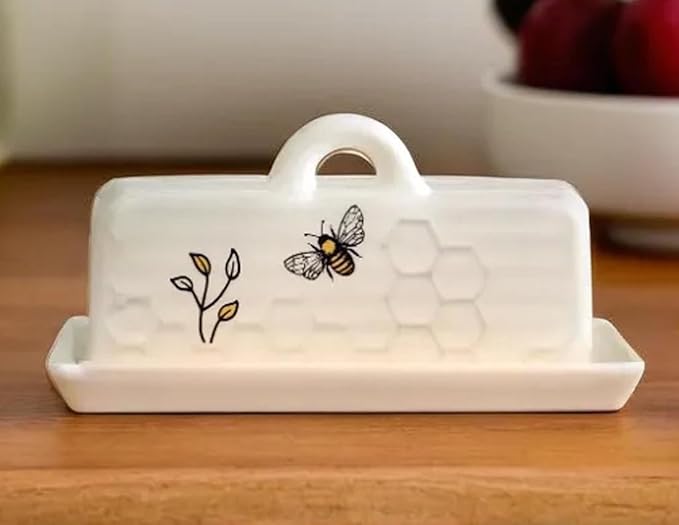 The Bridge Collection Decorative Honey Bee Butter Dish – White Ceramic Honeycomb Pattern With Floral Detail – Farmhouse Style Kitchen Storage For Butter