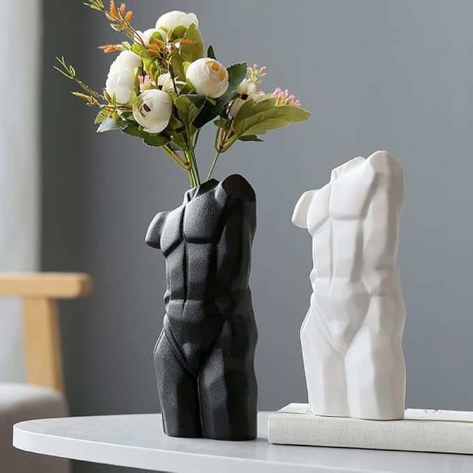 WAYUTO Male Body Ceramic Vase - Unique Man Shaped Desktop Flower Holder - Modern Art Sculpture Decor for Home - White
