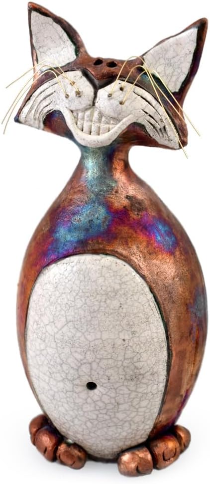 Modern Artisans American Made Whimsical Smiling Cat Raku Pottery Tabletop Sculpture, 10"