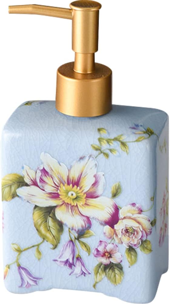 WAYUTO 12 Oz Vintage Soap Dispenser Ice Crack Ceramic Liquid Soap Dispenser Lotion Pump Bottle for Kitchen Countertop Bathroom Decorative Antique Floral Porcelain Hand Soap Dispenser Blue Rose