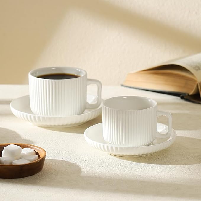 5 Ounce Espresso Cups Set of 4, Small Coffee Cups with Saucers and Spoons, White Cream Ceramic Demitasse Espresso Mugs