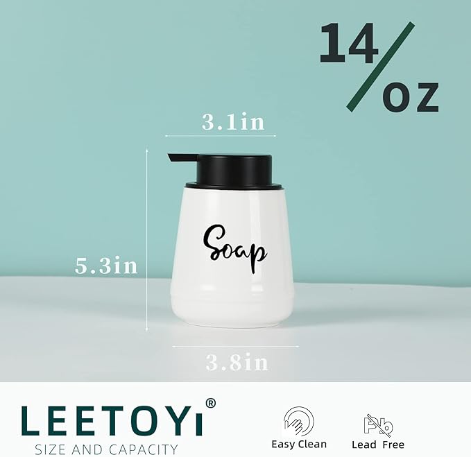 LEETOYI Farmhouse Ceramic Soap and Lotion Dispenser Set with Pump 14oz for Bathroom (White)