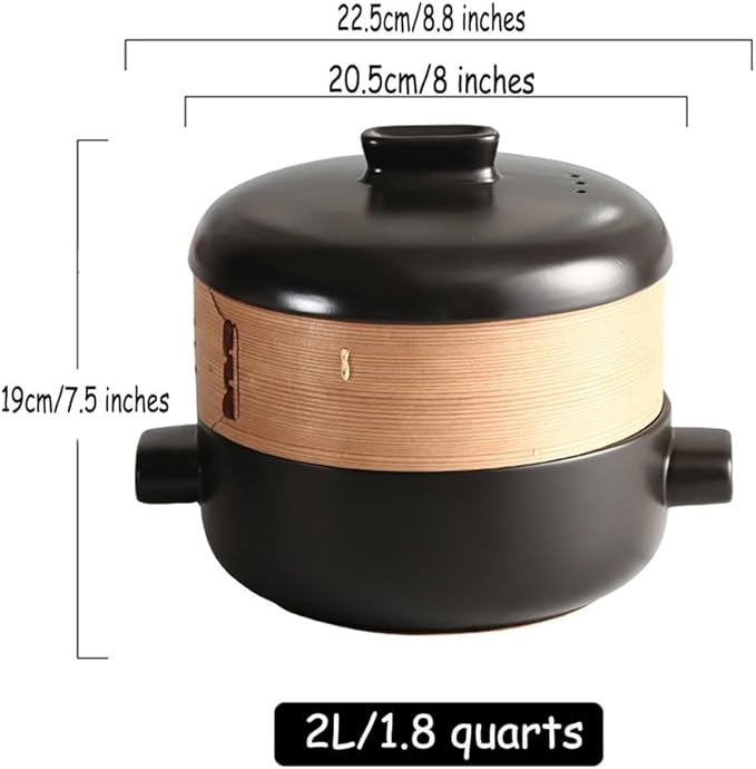 Steamer for Cooking Japanese Ceramic Hot Pot, Earthenware Clay Pot Casserole Steamer Cookware Stew Pot Stockpot with Lid & Steamer Basket for Healthy Cooking, Even Heating,Black,2L
