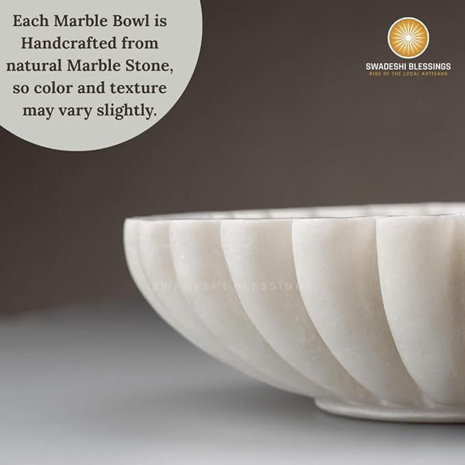 SWADESHI BLESSINGS HandCrafted Marble Ruffle Bowl/Antique Scallop Bowl/Fruit Bowl/Vintage Ring Dish/Decorative Flower Dish/HouseWarming Gift/Wedding Gifts/Urli (7 Inches)