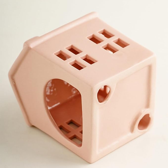 Hollowed Ceramic Village House Tealight Candle Holder for Home Fireplace Mantel Table Centerpiece Winter Holiday Christmas Decorations (Pink)