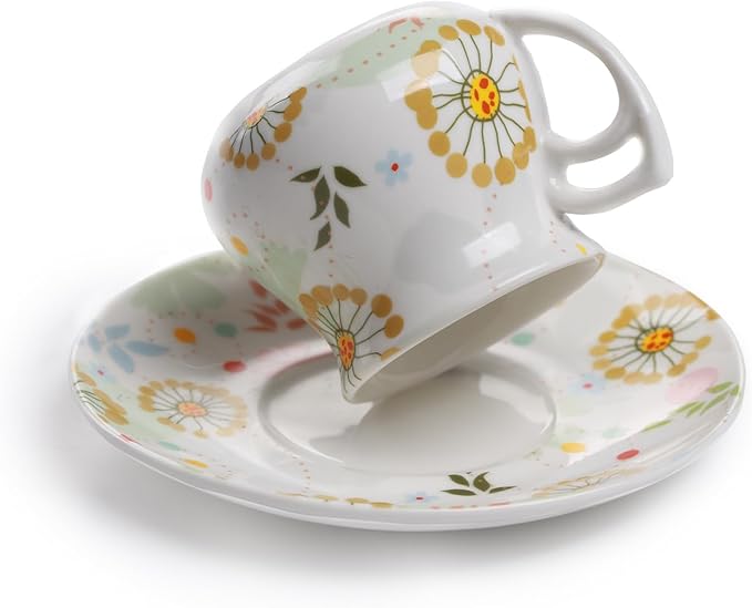 GuangYang 12 pieces Expresso Cups and Saucers for 6 People,2 oz Turkish Coffee Cup set of 6,Lucky Floral Pattern,Good Gift Set