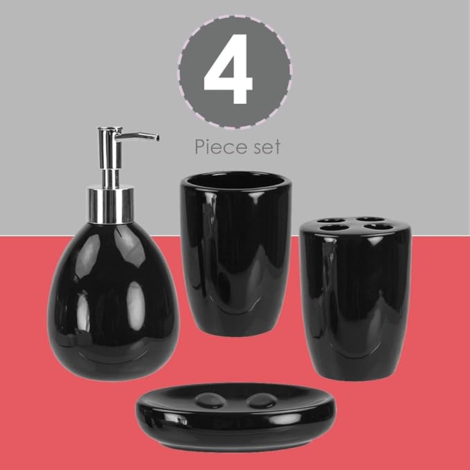 4-Piece Ceramic Bathroom Set (Black), By Home Basics | Contemporary Design Bathroom Accessory Sets | Accessories For Bathroom | Includes Soap Dish, Tumbler, Toothbrush Holder, and Lotion Dispenser
