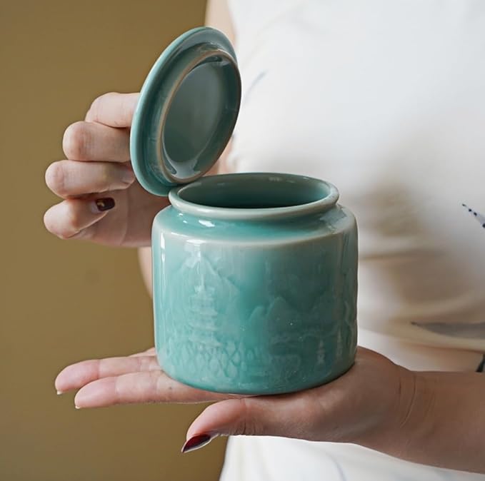 Sage Green Ceramic Storage Jar with Elephant Lid – Handmade Celadon Canister for Tea, Herbs & Spices, Airtight Jar for Kitchen, Feng Shui Gift & Home Décor