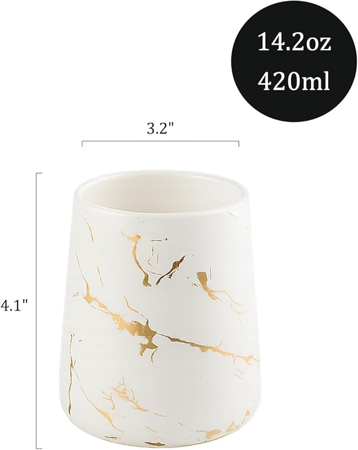 Marble Ceramic Toothbrush Holder Cup – 14.2oz Bathroom Tumbler for Toothbrushes, Makeup Brushes, or Rinsing, White with Gold Veins