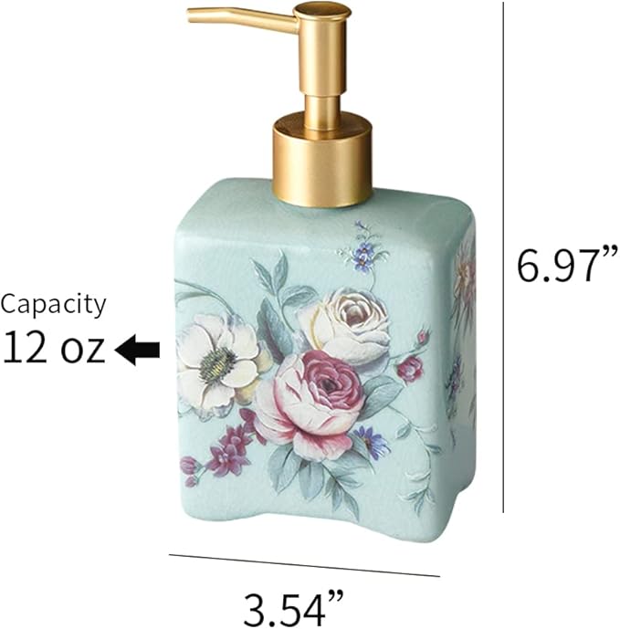 WAYUTO 12 Oz Vintage Soap Dispenser Ice Crack Ceramic Liquid Soap Dispenser Lotion Pump Bottle for Kitchen Countertop Bathroom Decorative Antique Floral Porcelain Hand Soap Dispenser Blue Peony