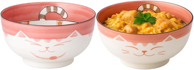 JapanBargain 2483, Set of 2 Japanese Porcelain Bowls, Mino Yaki Lucky Cat Collection, 5-inch 18 fl.oz, Made in Japan, Cute Maneki Neko Rice and Soup Bowls, Gift for Cat Lovers