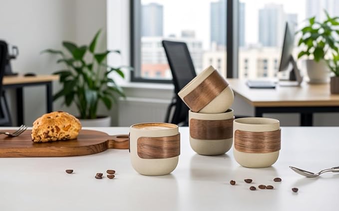Ceramic Espresso Cups Set of 4,Double Espresso Shot Cups,4 oz Tea Cups Set of 4,Small Coffee Cups for Cappuccino,Latte,Perfect for Espresso Machine and Coffee Maker (Natural Beige, S+Cup Ring)