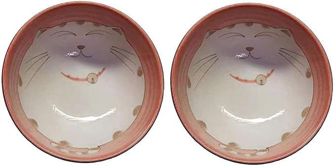 JapanBargain, Set of 2 Japanese Large Porcelain Bowls Seving Soup Rice Noodle Salad, Maneki Neko Smiling Cat Pattern, 34 fl.oz, 6.25-inch, Made in Japan