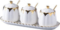 Sugar Bowl with Lid and Spoon, Ceramic Condiment Container with Tray, Sugar and Salt Containers Set, Gold Condiment Spice Jars, White Seasoning Container Set of 3 for Kitchen Coffee Bar