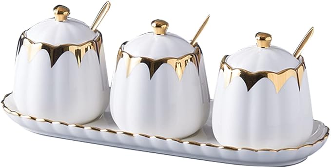 Sugar Bowl with Lid and Spoon, Ceramic Condiment Container with Tray, Sugar and Salt Containers Set, Gold Condiment Spice Jars, White Seasoning Container Set of 3 for Kitchen Coffee Bar