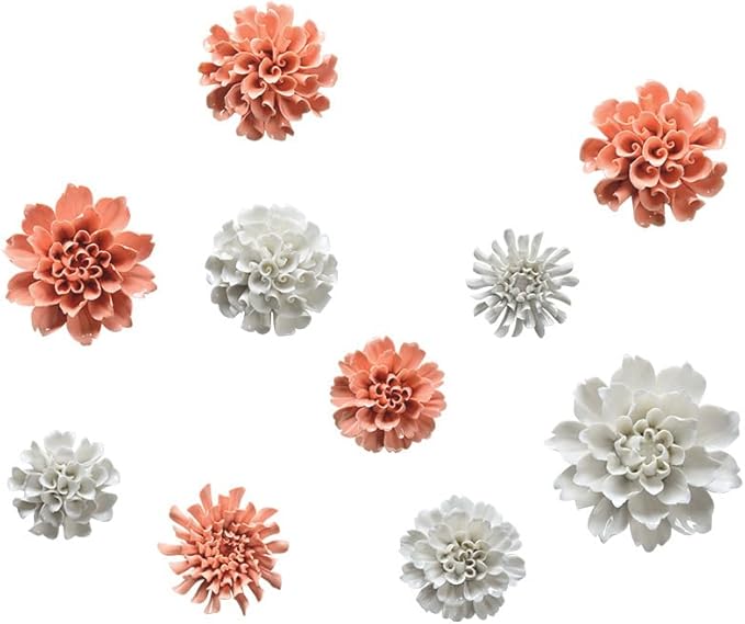 Peony,2.76"" Ceramic Flower Wall Art, Artificial 3D Flower Wall Art, Handmade 3D Wall Art Hanging Sculpture, Porcelain Flower Wall Decoration for Home Office Decor (White), White,flower