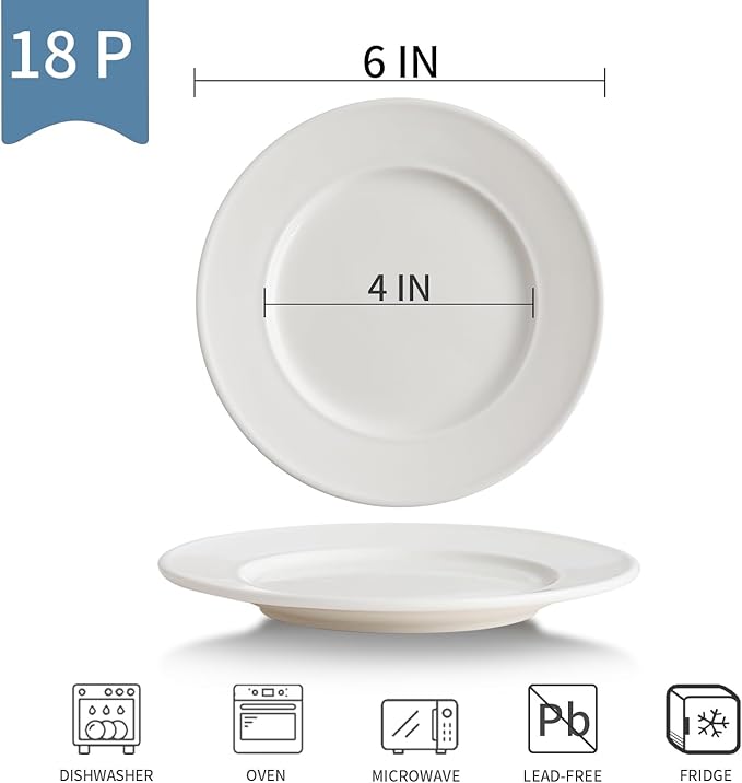TAMAYKIM 18 Pieces 6 Inch Porcelain Dessert Plates, Small Appetizer Dinner Plate, Round Dinnerware Sets, Scratch Resistant, Microwave, Oven, and Dishwasher Safe, White