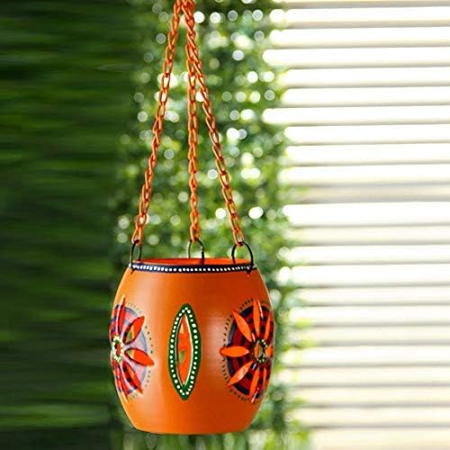 Western Eiderdown Presents Home Decorative Metal Table Top Cum Hanging Tea Light Candle Holder (11.2 cm X 11.2 cm X 41.1 cm, Orange, Set of 1) #Aport-033