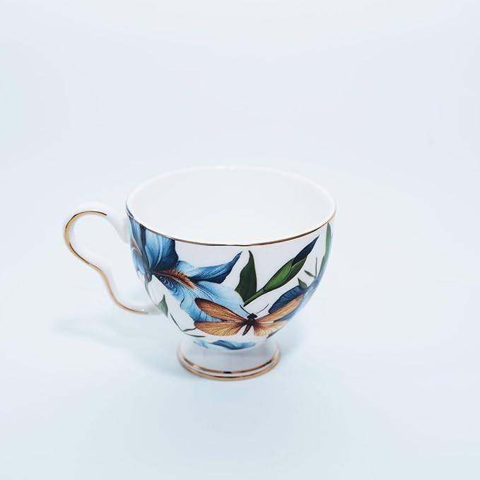 Bone China Tea Cup and Saucer Set with Spoon，Elegant Floral Tea Cup Set (7 oz)，British Coffee Latte Mug for Birthday Party Christmas gift for Friends