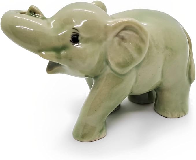 ChangThai Design Tiny 2½" Green Baby Elephant Curling Up Trunk Figurine - Miniature Hand Made Painted Ceramic Asian Elephants Cute Wildlife Animals Porcelain Decorative Collectible Figures Décor Gifts
