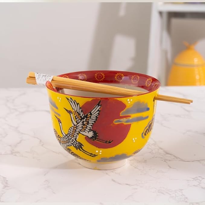 Urban Tokyo Handpainted Ceramic Glazed Japanese Ramen Udon Noodle Rice Bowl With Chopsticks 20 fl oz 5 inch Diameter Bowl Sets Color Box Packaging (Crane and Moon Design)