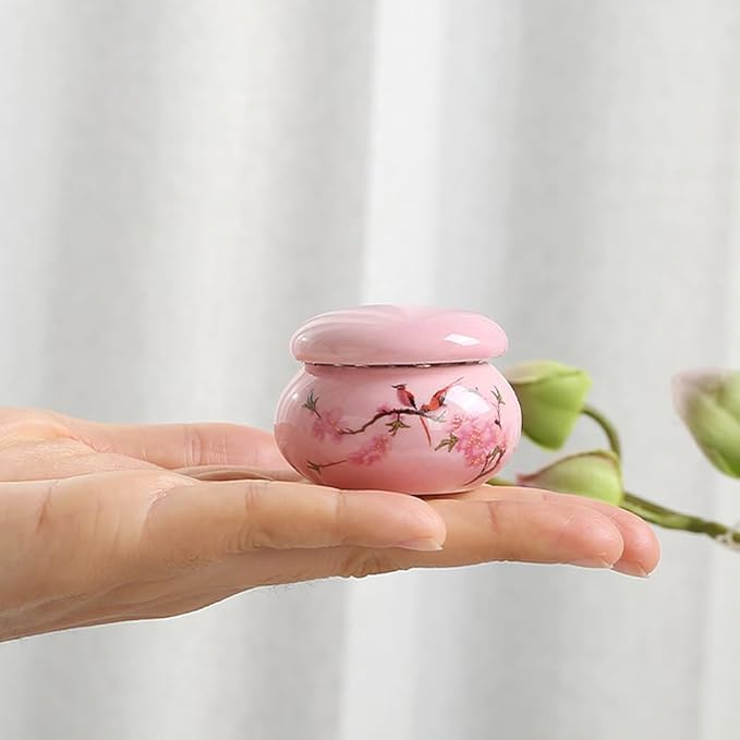 2Pcs Empty Mini Cute Ceramic Bottle Canisters Flower Pattern Portable Travel Loose Tea Pot Jar Contanier with Lid for Storage Spices Powder Cream Lotion Loose Tea, Pink