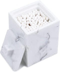 Jung Ford Qtip Holder for Bathroom with Lid – Square Cotton Swab Organizer, Cotton Ball Dispenser, Makeup Pad Container – Marble Look Resin Vanity Storage (White)