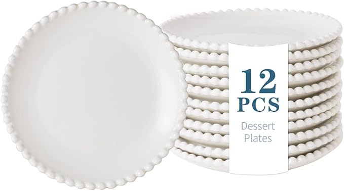 TAMAYKIM 5.5 Inch Porcelain Dessert Plates, Appetizer Plates, Round Small Dinnerware Sets, Scratch Resistant, Microwave, Oven, and Dishwasher Safe, White with Pearl Dots, Set of 12