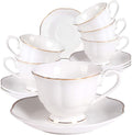 Guangyang 12 pieces Fine Porcelain 2.5oz Cups and Saucers set of 6 Turkish Coffee Cup set for Double Espresso White Color with Gold Trim