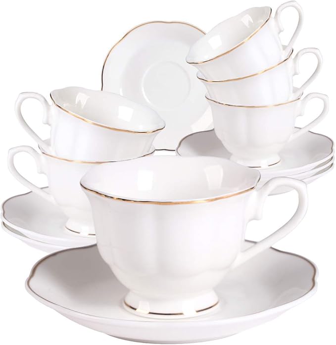 Guangyang 12 pieces Fine Porcelain 2.5oz Cups and Saucers set of 6 Turkish Coffee Cup set for Double Espresso White Color with Gold Trim