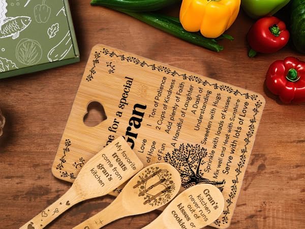Gran Gifts - "Recipe for a Special Gran" Gran Gifts for Grandma Cutting Board Set, Bamboo-Made Engraved Utensil Set Gifts for Gran Cutting Board, Best Gran Ever Gifts.
