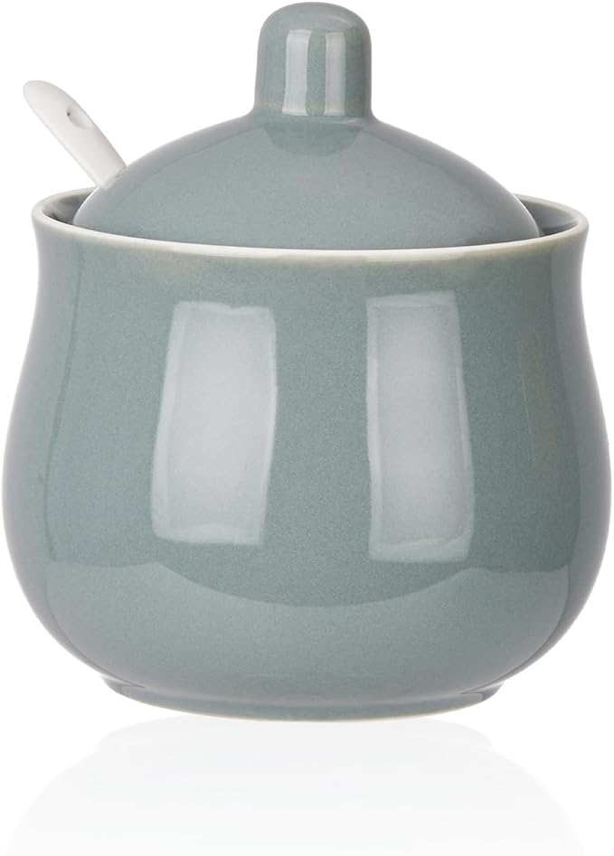 Ceramic Sugar Bowl with Lid and Spoon, Gray Porcelain Sugar Salt Pepper Storage Jar, 12 Ounces