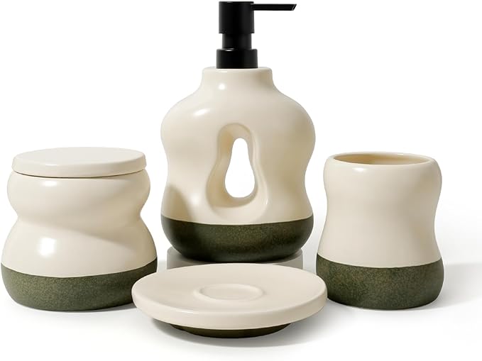 BosilunLife Bathroom Accessories Set of 4 - Beige Bathroom Countet Soap Set Bathroom Decor Bathroom Lotion Soap Dispenser Sets Toothbrush Holder, Soap Dish, Apothecary Jar (Beige with Sage Base)