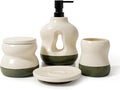 BosilunLife Bathroom Accessories Set of 4 - Beige Bathroom Countet Soap Set Bathroom Decor Bathroom Lotion Soap Dispenser Sets Toothbrush Holder, Soap Dish, Apothecary Jar (Beige with Sage Base)