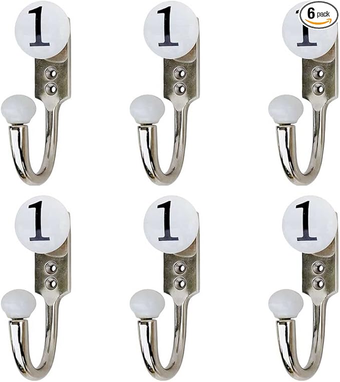 IndianShelf 6 Pcs Traditional Ceramic, Zinc Decorative Cute Hooks for Hanging Coats, Jackets, Leash, Hat, Towel, Backpack, Purse, Handbag [White]