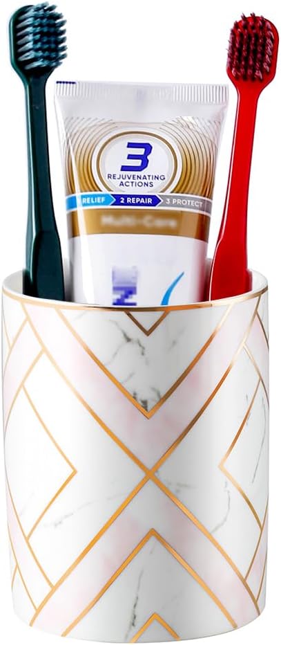 Ceramic Cute Toothbrush Holder Toothpaste Holders, Bathroom Tumbler Cups Reusable,Bathroom Counter Organizer (Golden Line)