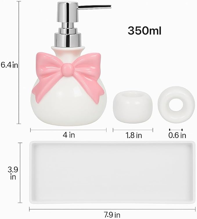 Pink Ceramic Soap Dispenser Set – Bow Design 12oz Dispenser with 2 Ceramic Toothbrush Holders & PP Tray, Refillable Cute Bathroom Accessories for Lotion, Hand Soap & Dish Soap
